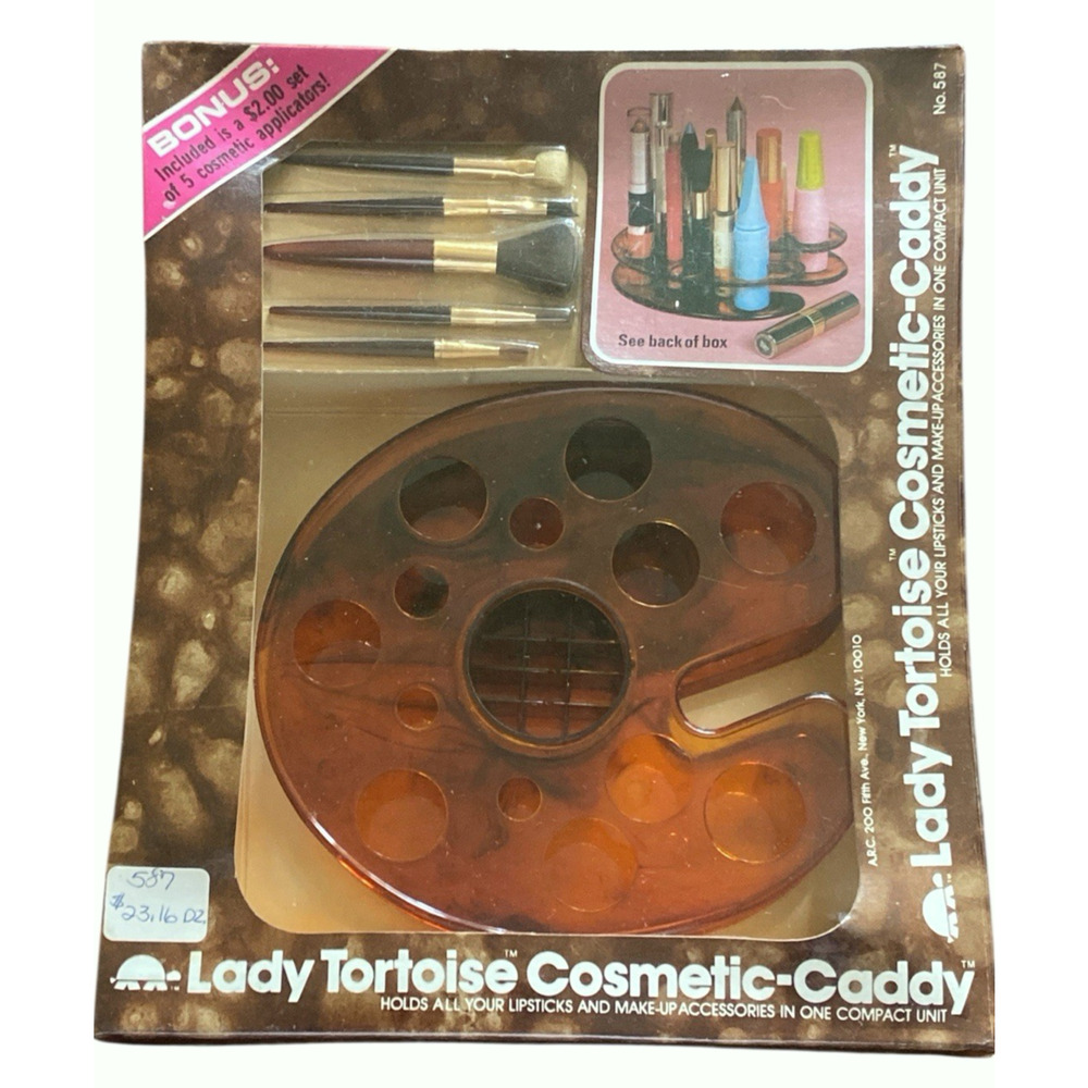 Vintage ARC Lady Tortoise Cosmetic Makeup Caddy Bonus Brushes 1981 Sealed USA